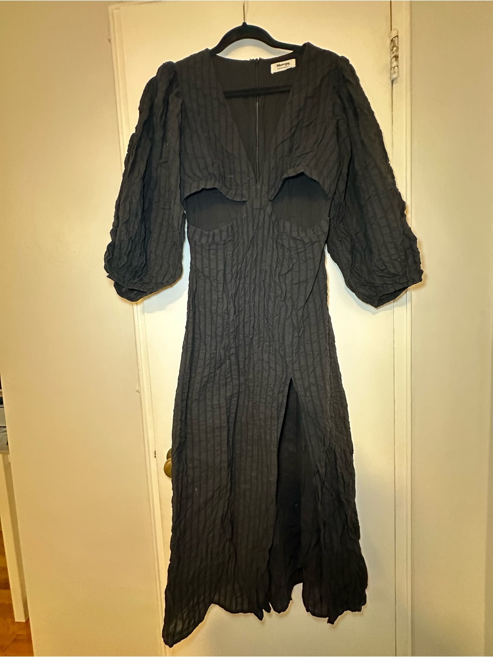 Showpo Black Textured Midi Dress with Puff Sleeves